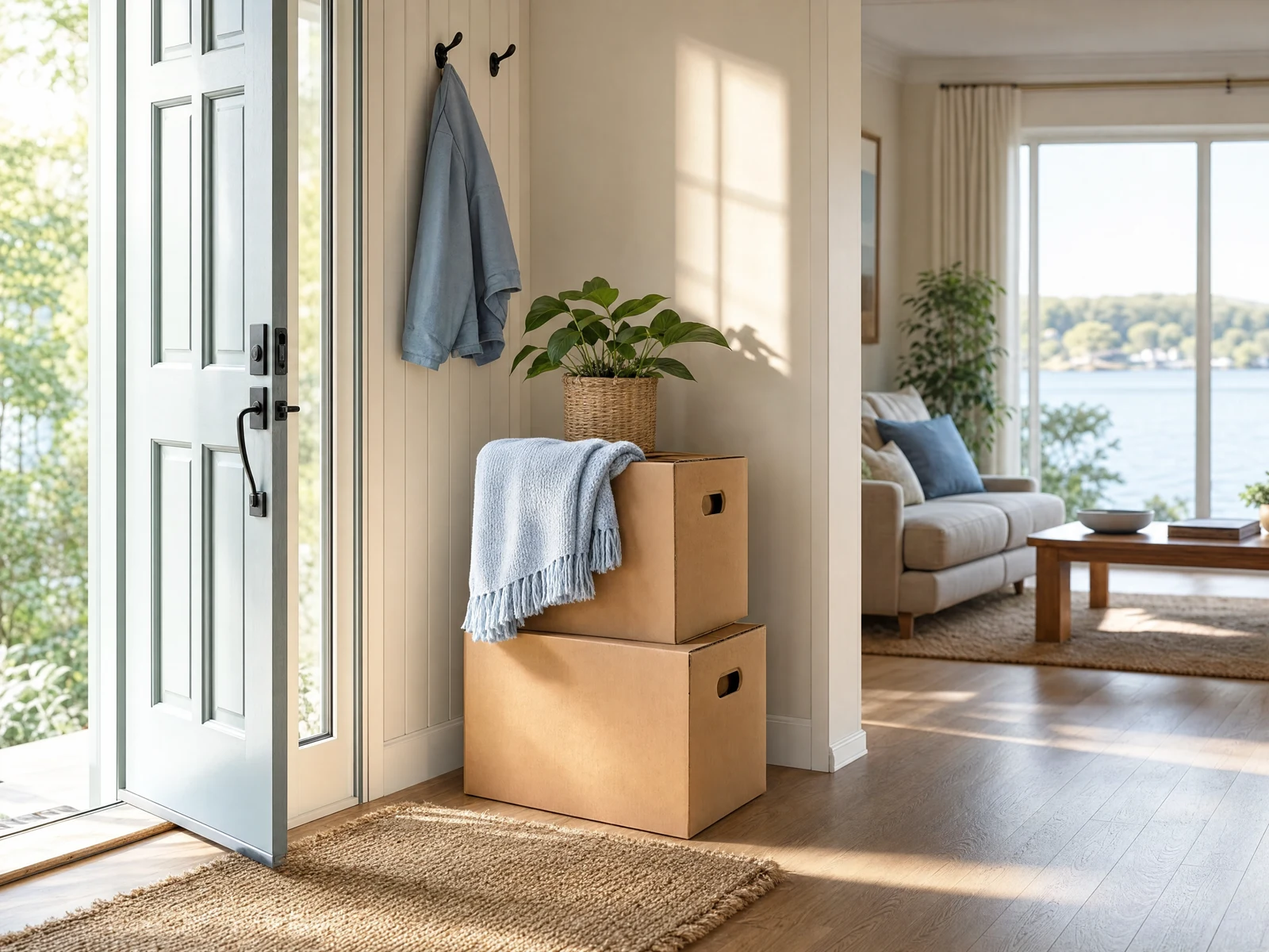 Illustration of moving boxes in a bright home entryway